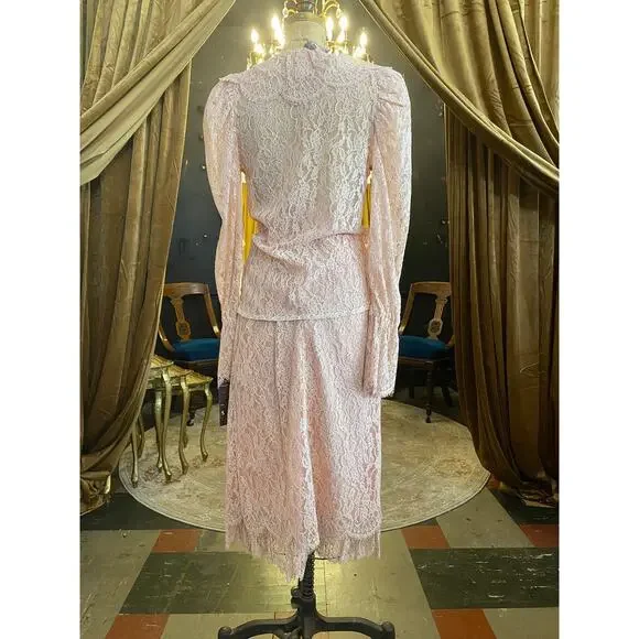 vintage 1980s sheer pink lace suit 80s fashion puff shoulders wrap blouse skirt - Picture 7 of 10